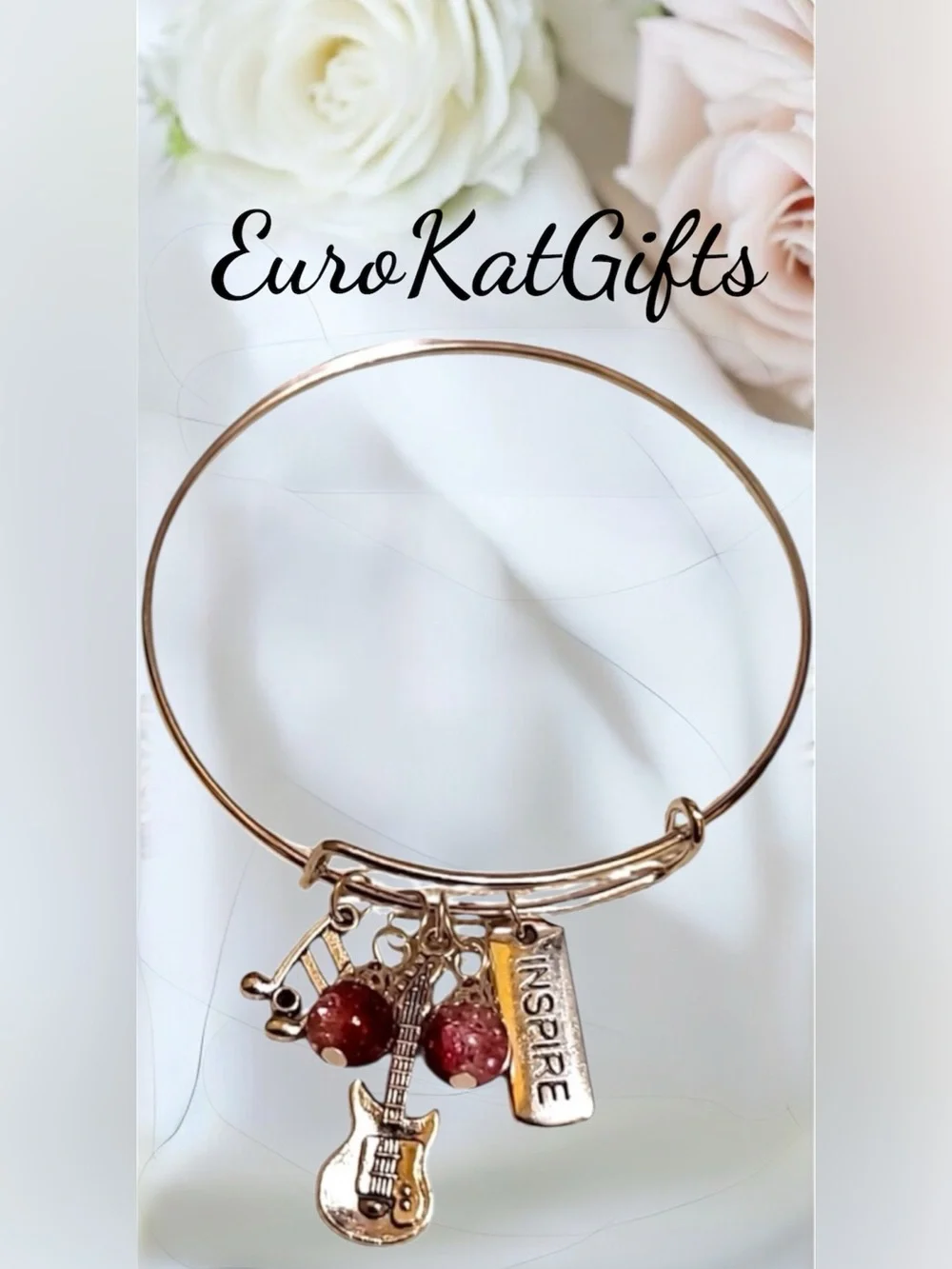 Elegant Charm Bracelet Guitar musical note charms and Red Accent beads NEW NWT
